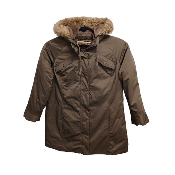 Old Navy Parka L Brown Coat Fur Trim Hood Warm Lined Winter Jacket Gorp Preppy - Picture 2 of 16